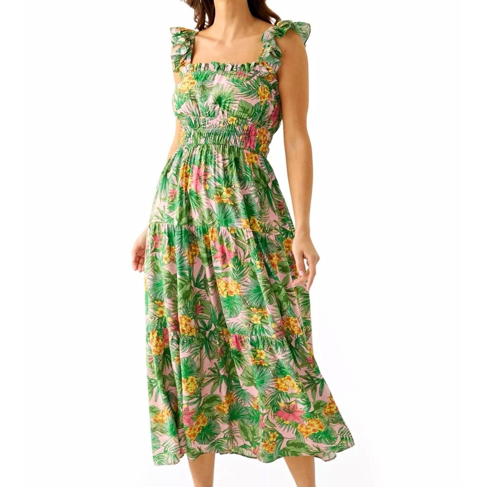 Maison Tara Women's Tropical Floral Smocked Square Neck Midi Dress Green Pink
